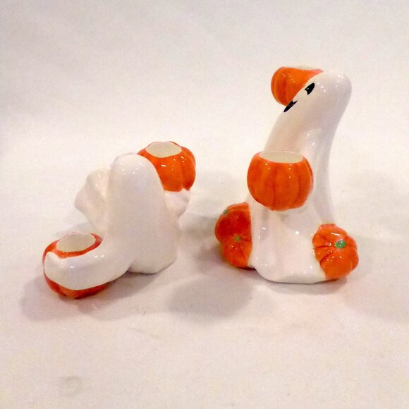 NEW 2004 FITZ & FLOYD HALLOWEEN CERAMIC SMILING GHOST TAPER CANDLE HOLDER SET - Picture 8 of 13